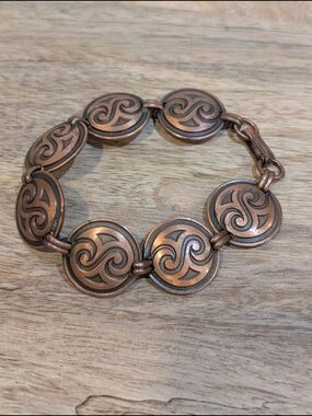 Vintage Copper-Tone Panel Link Bracelet, Wave Swirl Design